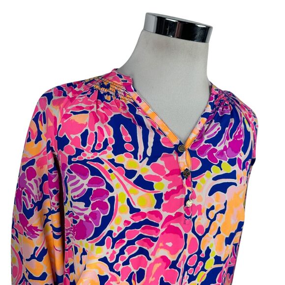 Lilly Pulitzer Elsa Silk Blouse Top Women's 2XS XXS Catch and Release Pink Blue - Picture 2 of 10